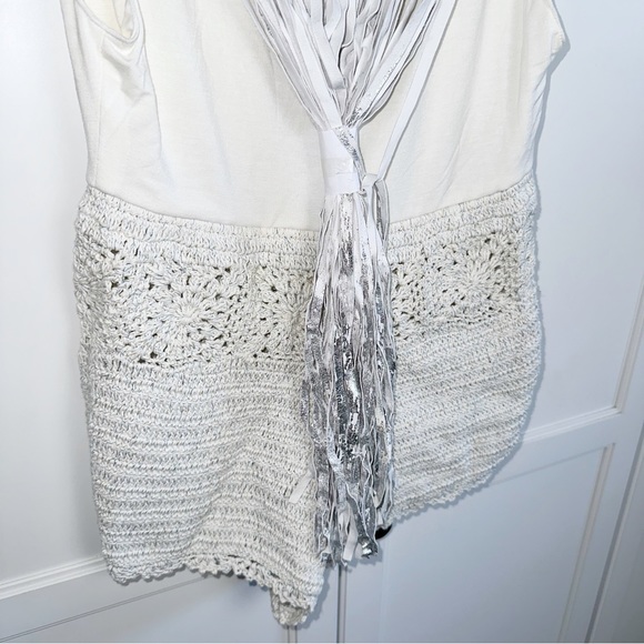 Free People Electric Crochet White Romper Boho Suede/Leather Fringe Medium - Picture 14 of 16